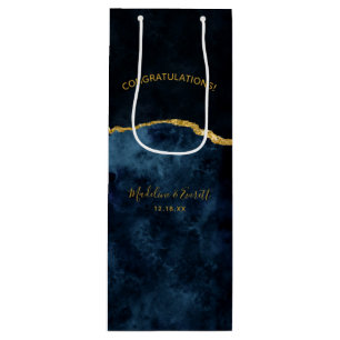 Navy Blue Gold Foil Agate Wedding Congratulations Wine Gift Bag
