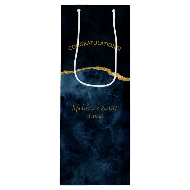 Navy Blue Gold Foil Agate Wedding Congratulations Wine Gift Bag (Front)