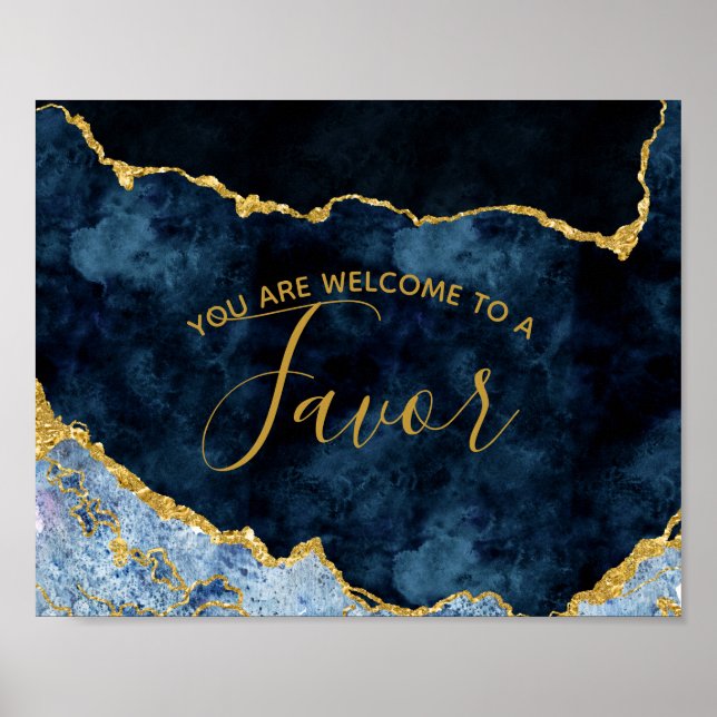 Navy Blue Gold Foil Agate Wedding Favour Table Sig Poster (Front)