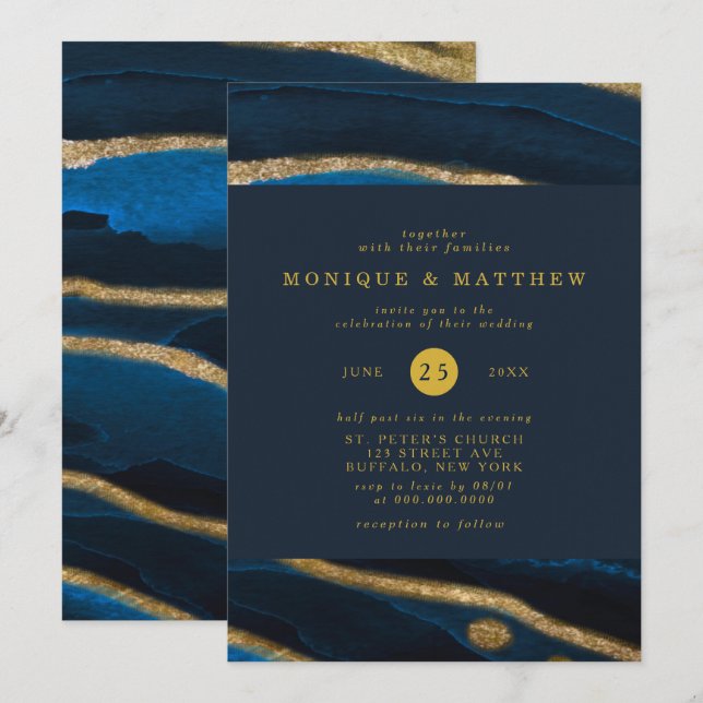 Navy Blue & Gold Foil Agate Wedding Invitation (Front/Back)