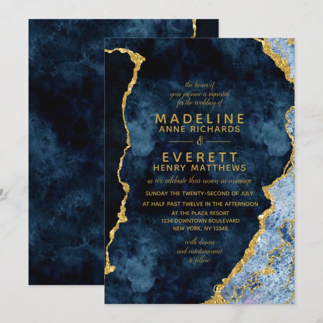 Navy Blue & Gold Foil Agate Wedding Invitations (Front/Back)