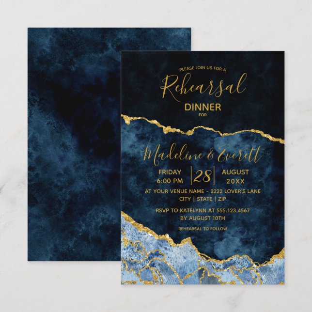 Navy Blue Gold Foil Agate Wedding Rehearsal Dinner Invitation (Front/Back)