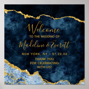 Navy Blue Gold Foil Agate Wedding Welcome Sign