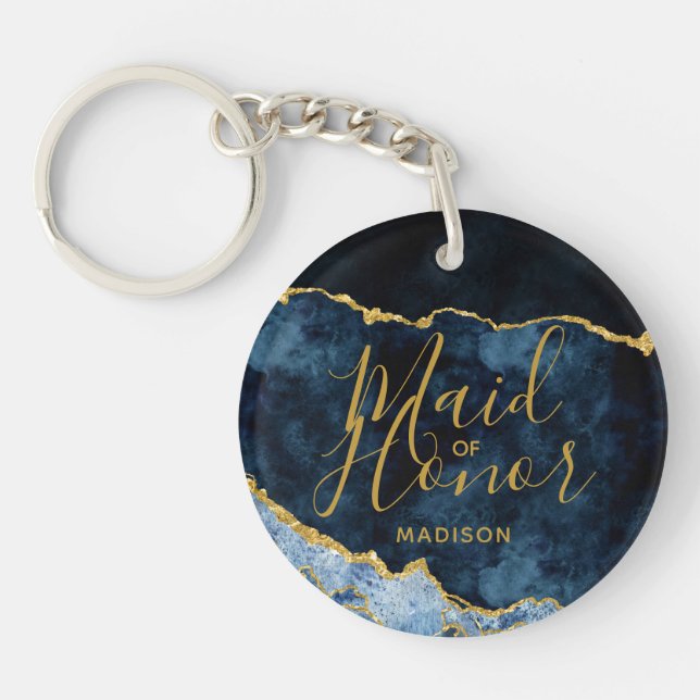 Navy Blue & Gold Foil Agate Wreath Maid of Honour Key Ring (Front)