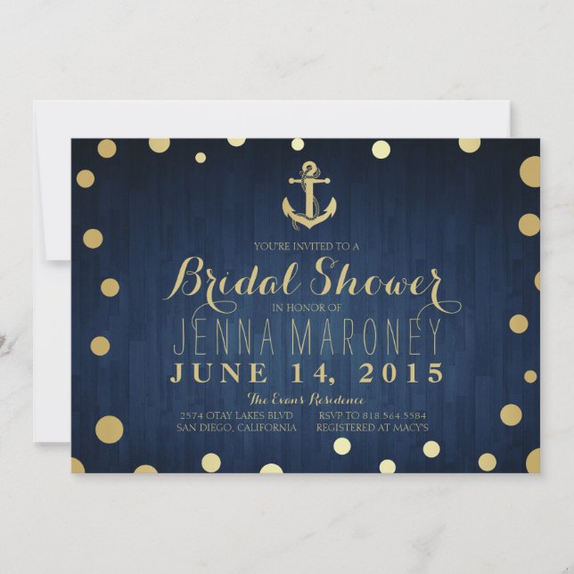Navy Blue Gold Foil Anchor Nautical Bridal Shower Invitation (Front)