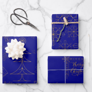 Navy Blue Gold Foil Art Deco Christmas Pattern Wrapping Paper Sheet