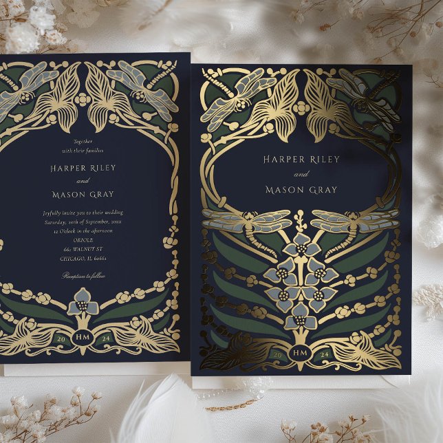 Navy Blue Gold Foil Art Nouveau Dragonfly Wedding (Creator Uploaded)