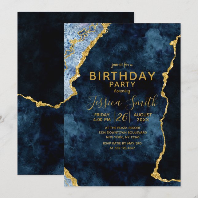 Navy Blue & Gold Foil Birthday Party Invitation (Front/Back)