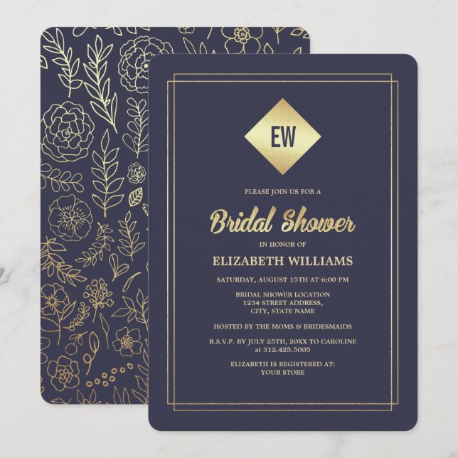 Navy Blue | Gold Foil Bridal Shower Invitation (Front/Back)