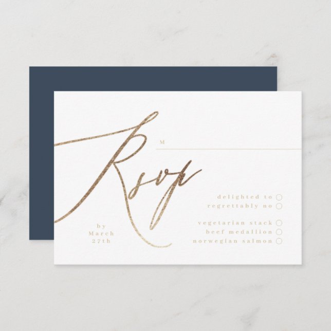 Navy Blue & Gold Foil Calligraphy Wedding RSVP Card (Front/Back)