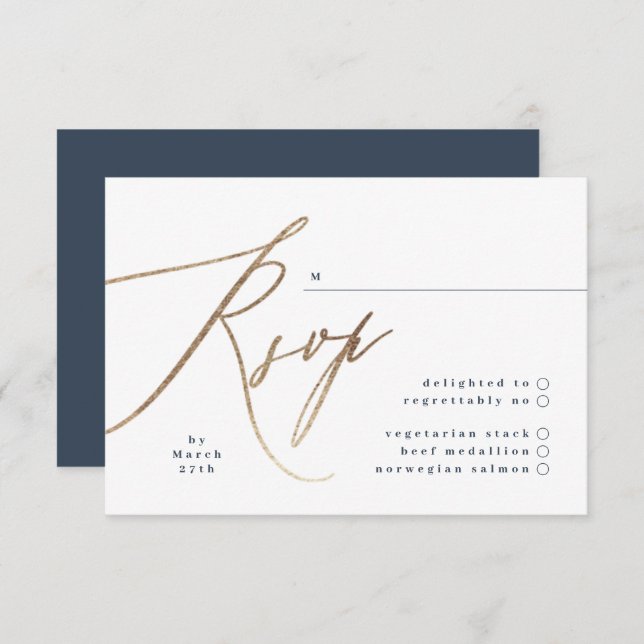 Navy Blue & Gold Foil Calligraphy Wedding RSVP Card (Front/Back)