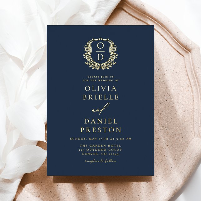Navy Blue Gold Foil Crest Monogram Wedding (Creator Uploaded)