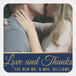Navy Blue & Gold Foil   Custom Photo Thank You Square Sticker