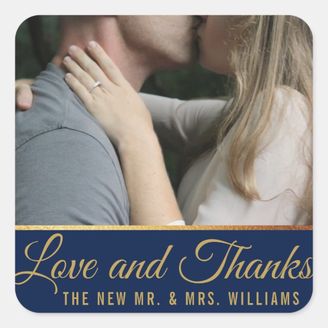 Navy Blue & Gold Foil | Custom Photo Thank You Square Sticker (Front)