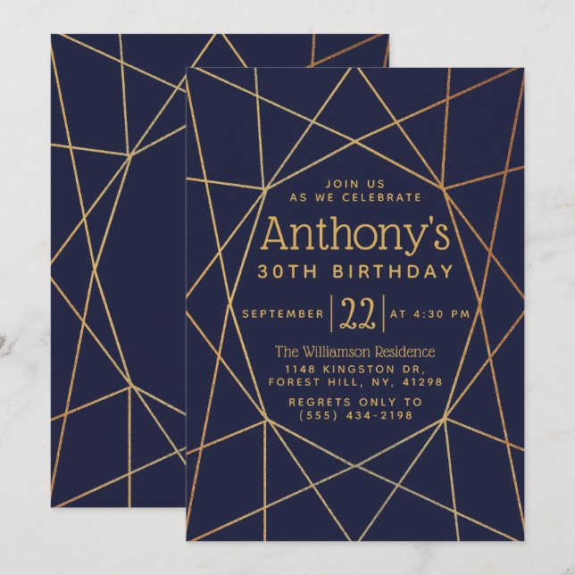 Navy Blue & Gold Foil Geometric Pattern Birthday Invitation (Front/Back)