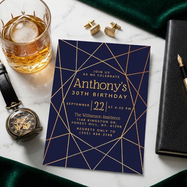 Navy Blue & Gold Foil Geometric Pattern Birthday Invitation (Creator Uploaded)