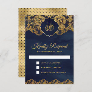 Navy Blue Gold Foil Lace Islamic Wedding RSVP Card