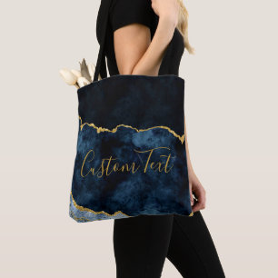 Navy Blue & Gold Foil Marble Agate Custom Text Tote Bag