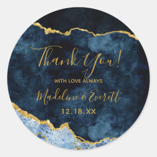 Navy Blue Gold Foil Marble Agate Wedding Thank You Classic Round Sticker