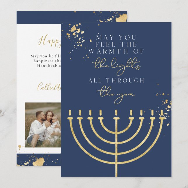 Navy Blue Gold Foil Menorah Hanukkah Card (Front/Back)
