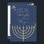 Navy Blue Gold Foil Menorah Hanukkah Card<br><div class="desc">This Hanukkah greeting card features a navy blue background, gold foil splatters, a golden menorah and the saying "May you feel the warmth of the lights all through the year" in honour of the festival of lights. Easily edit *most* wording and update the photographs to update your friends and families...</div>