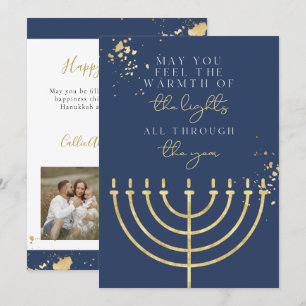 Navy Blue Gold Foil Menorah Hanukkah Card