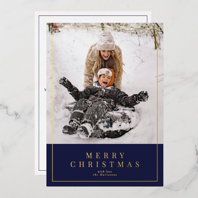Navy blue gold foil Merry Christmas family photo  Foil Holiday Card (Front/Back)