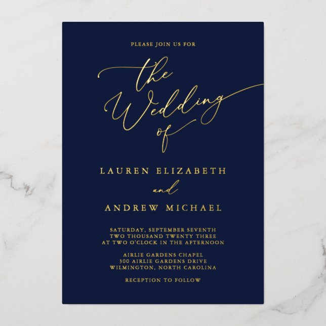 Navy Blue Gold Foil Monogram Minimalist Wedding (Front)