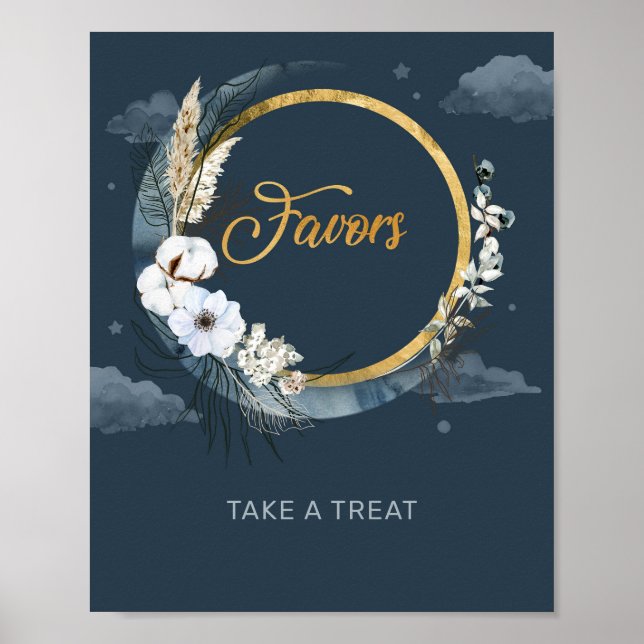 Navy blue gold foil moon pampas boho floral favour poster (Front)