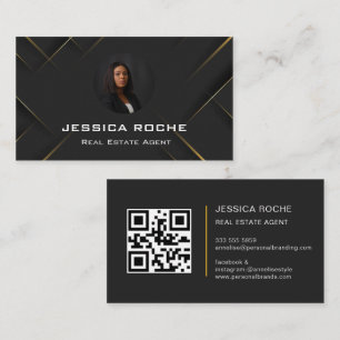 Navy Blue Gold Foil Real Estate Photo Realtor QR Business Card