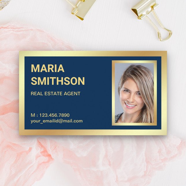Navy Blue Gold Foil Real Estate Realtor Photo Business Card (Creator Uploaded)