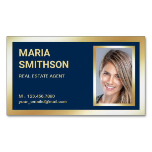 Navy Blue Gold Foil Real Estate Realtor Photo Magnetic Business Card