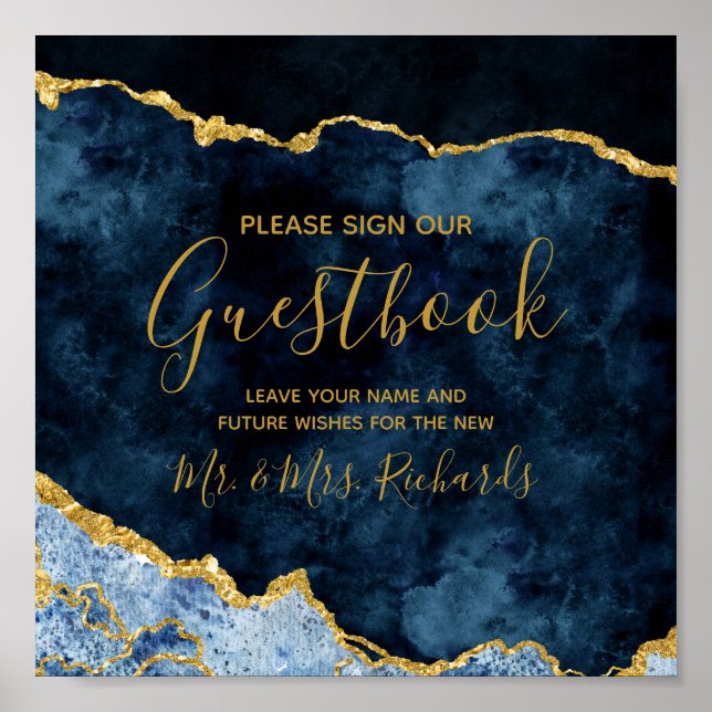 Navy Blue Gold Foil Wedding Guestbook Table Sign (Front)