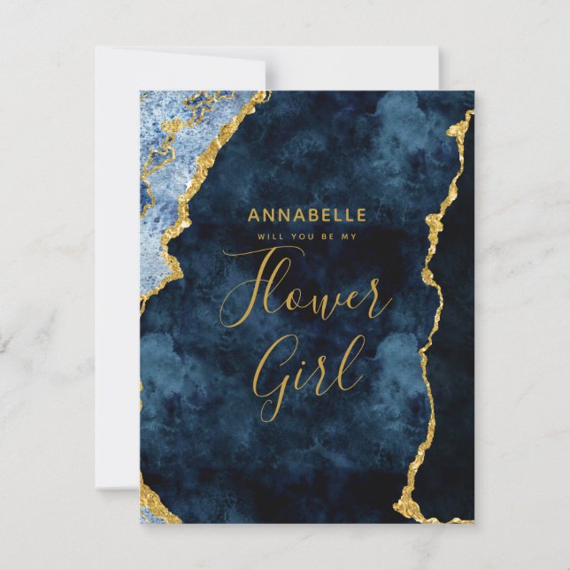 Navy Blue Gold Foil Will You Be My Flower Girl Invitation (Front)