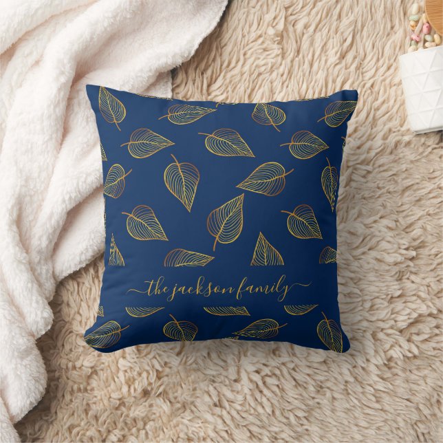 Navy blue gold foliage pattern family monogram cushion (Blanket)