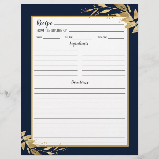Navy Blue Gold Foliage Recipe Binder Page (Front)