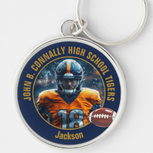 Navy Blue Gold Football Player Photo Commemorative Key Ring