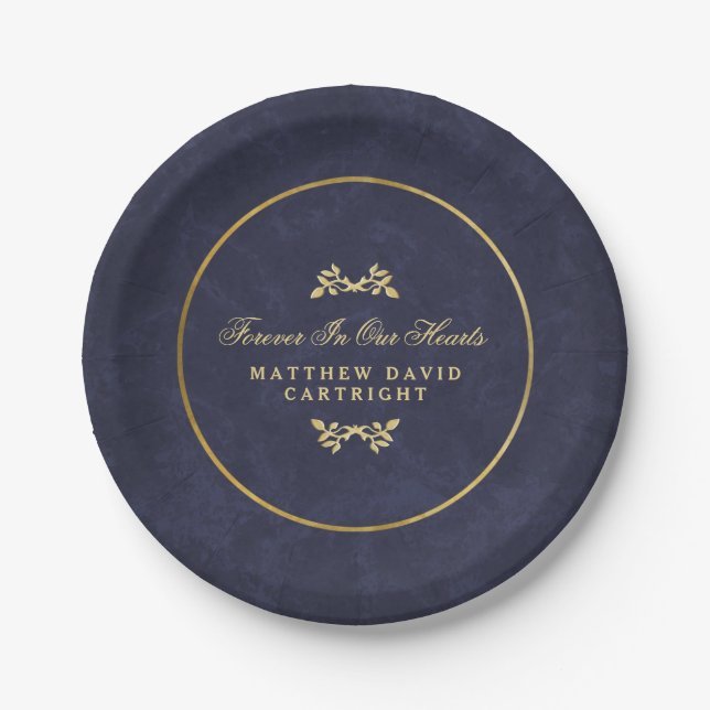 Navy Blue & Gold Forever In Hearts Memorial Plates (Front)