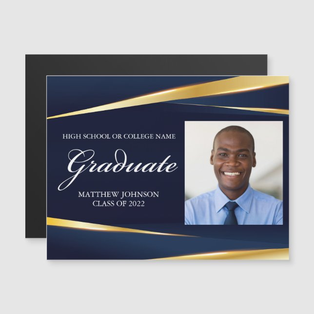 Navy Blue Gold Formal Photo Graduation Magnet Card (Front/Back)