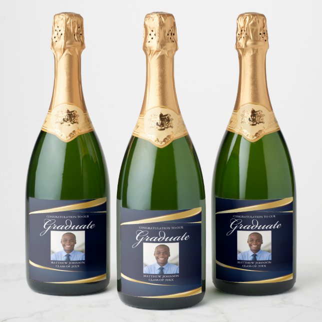 Navy Blue Gold Formal Photo Graduation Party Sparkling Wine Label (Bottles)