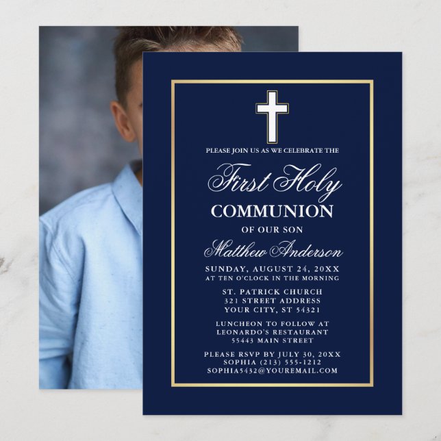 Navy Blue Gold Frame First Holy Communion Photo Invitation (Front/Back)