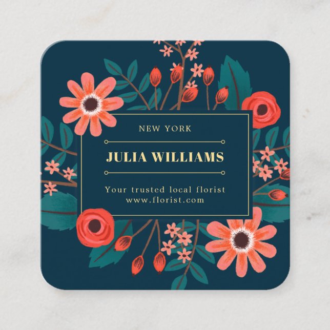 Navy blue gold frame floral boho flower bouquet square business card (Front)