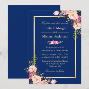 Navy Blue Gold Frame Pink Floral Wedding Invitation