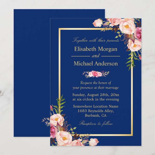Navy Blue Gold Frame Pink Floral Wedding Invitation (Front/Back)
