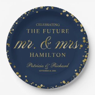 Navy Blue Gold Future Mr and Mrs Engagement Party Paper Plate
