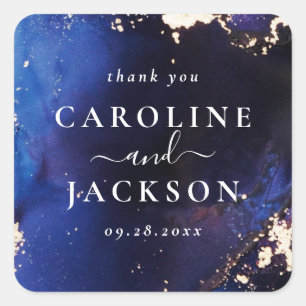 Navy Blue Gold Galaxy Wedding Favour Square Sticker