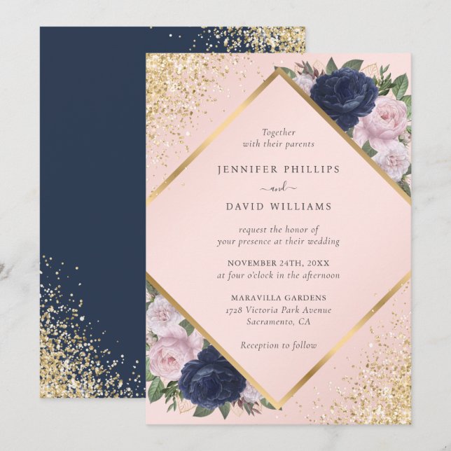 Navy Blue Gold Geometric Blush Pink Floral Wedding Invitation (Front/Back)