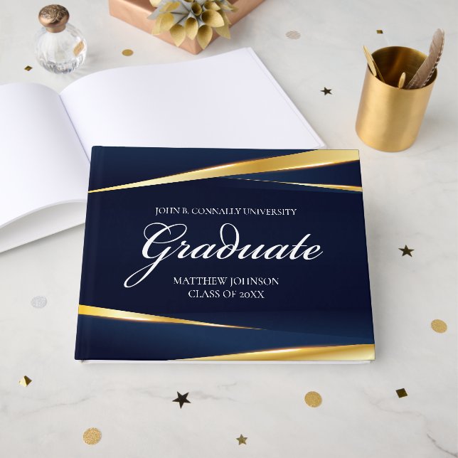 Navy Blue Gold Geometric Custom Formal Graduation Guest Book (Front Open)