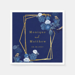 Navy Blue & Gold Geometric Floral Wedding Napkin