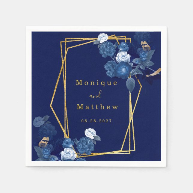 Navy Blue & Gold Geometric Floral Wedding Napkin (Front)
